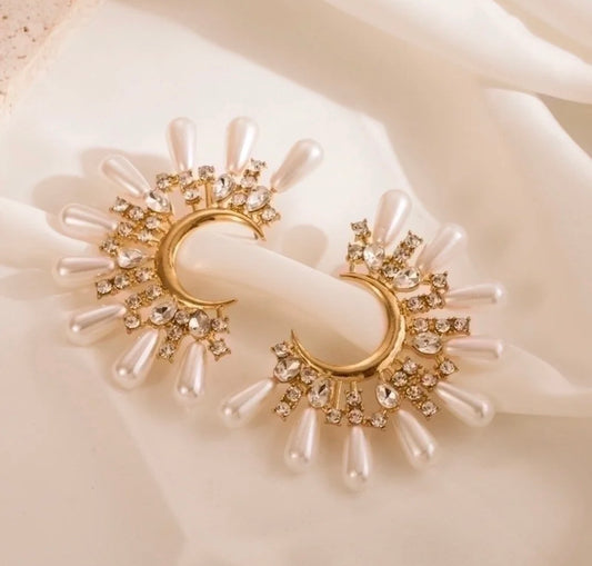 C-Shaped Earrings with Zircons and Pearls